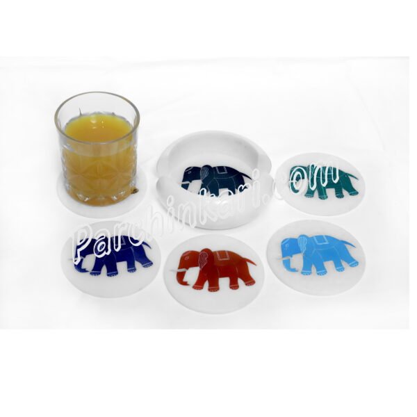 Elephant Design Coasters Set in White Marble Inlay Art