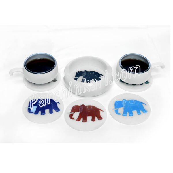 Elephant Design Coasters Set in White Marble Inlay Art