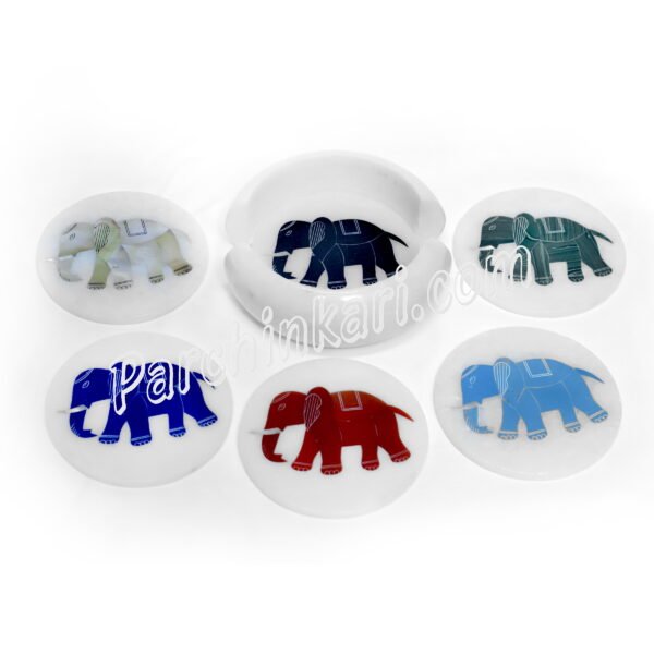 Elephant Design Coasters Set in White Marble Inlay Art