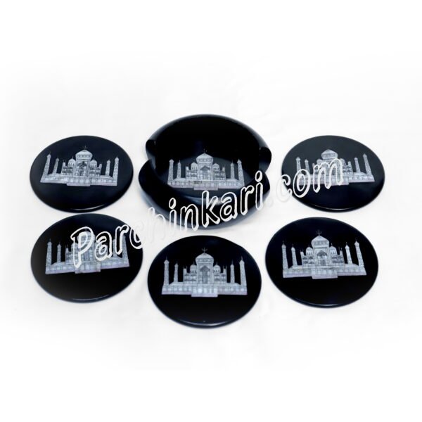 Black Marble Coasters Set with Taj Mahal Design in MOP