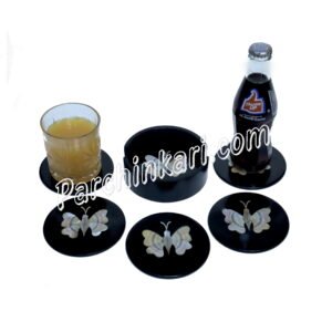 Butterfly Design Coasters Set in Black Marble with MOP