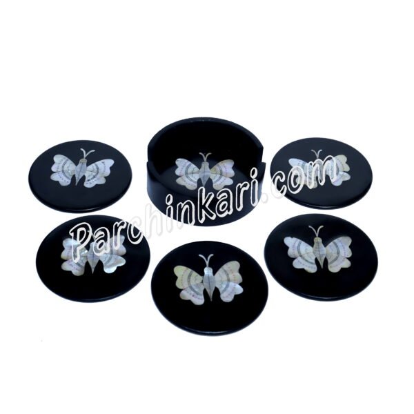 Butterfly Design Coasters Set in Black Marble with MOP