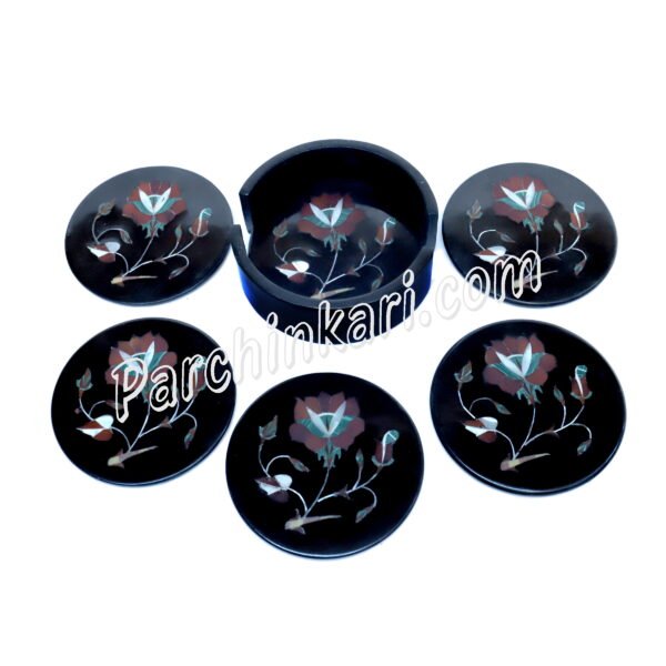 Black Marble Coasters Set with Flower Inlaid Art