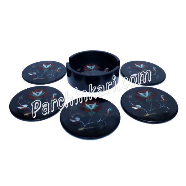 Black Marble Coasters Set with Flower Inlaid Art