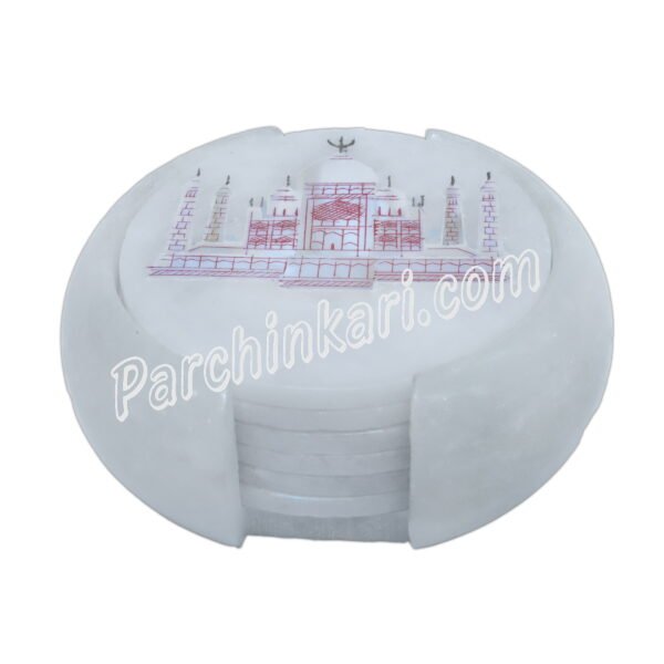 Taj Mahal Design Coasters Set in White Marble Inlay Arts