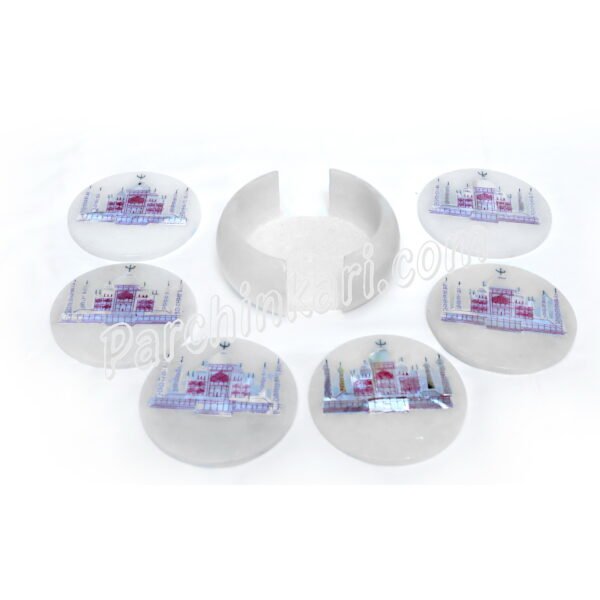 Taj Mahal Design Coasters Set in White Marble Inlay Arts