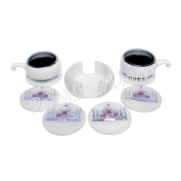 Taj Mahal Design Coasters Set in White Marble Inlay Arts