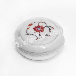 White Marble Coasters Set with Semi-precious Stones Art