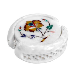 White Marble Coaster Set with Semi-precious Stones Art