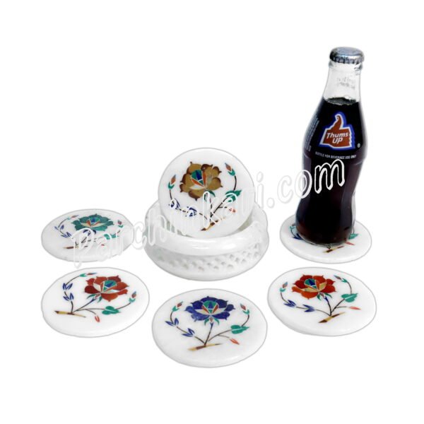 White Marble Coasters Set with Semi-precious Stones Art