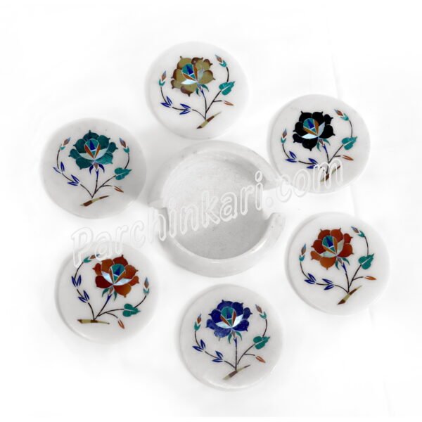 White Marble Coasters Set with Semi-precious Stones Art