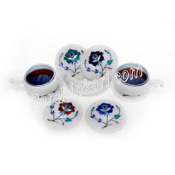 White Marble Coasters Set with Semi-precious Stones Art