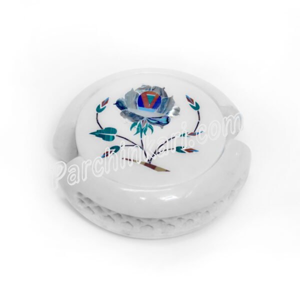 Abalone Coasters Set in White Marble Inlaid Art