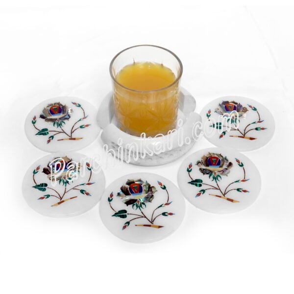 Abalone Coasters Set in White Marble Inlaid Art