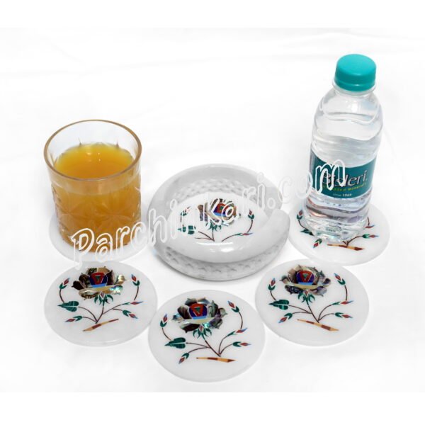 Abalone Coasters Set in White Marble Inlaid Art