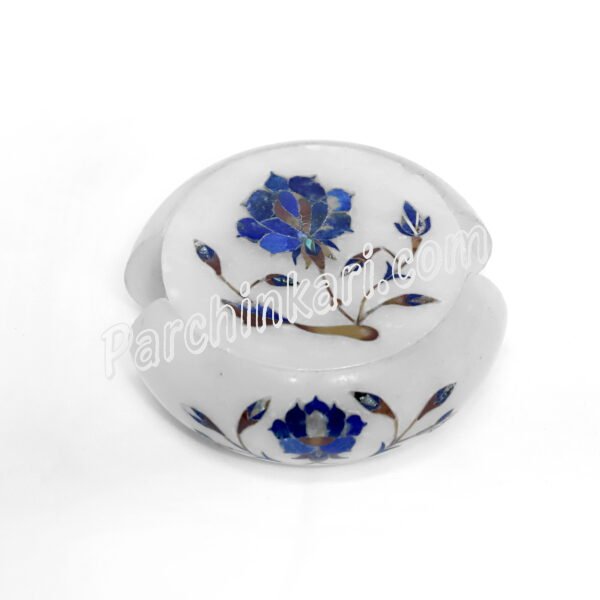 Lapis Lazuli Coasters Set in white Marble Inlay Art