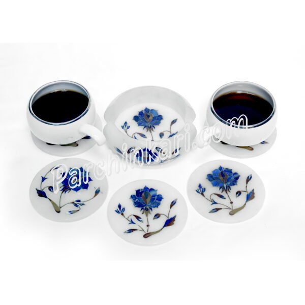 Lapis Lazuli Coasters Set in white Marble Inlay Art