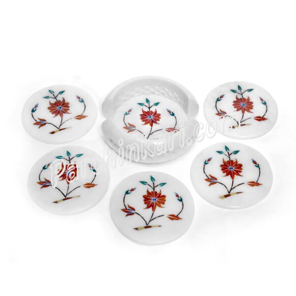 Red Flower Marble Coasters Set for Dinner Table Decoration