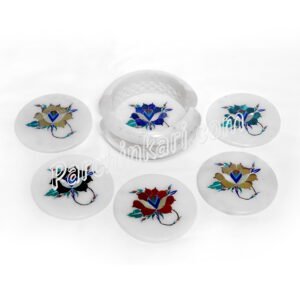 PietraDura Coasters Set in white Marble with Red Rose