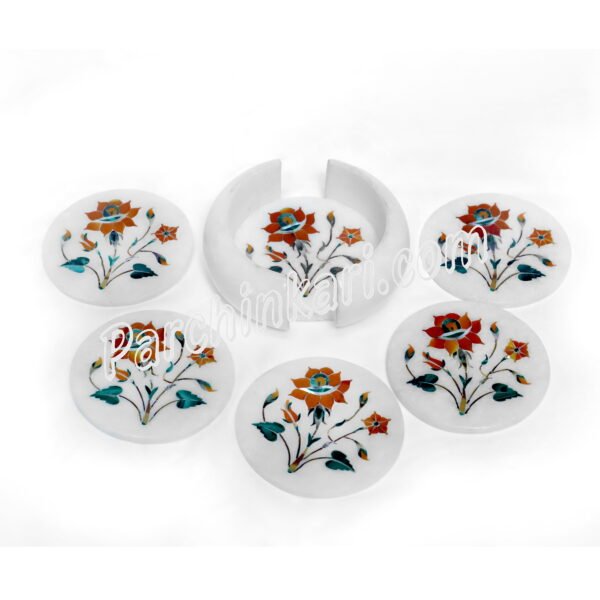 Handmade Coasters Set in White Indian Marble with Carnelian Design