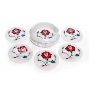 Taj Mahal Art Coasters Set in White Marble Inlay Work