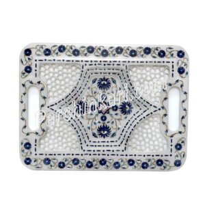 Indian White Marble Tray with Blue Lapis Lazuli Design