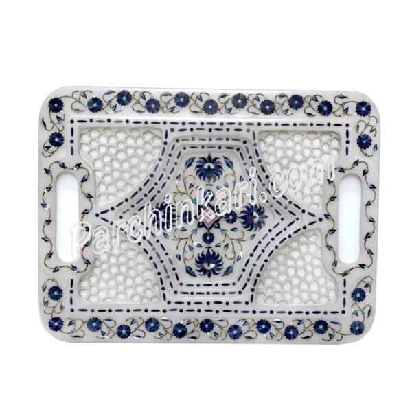 Indian White Marble Tray with Blue Lapis Lazuli Design