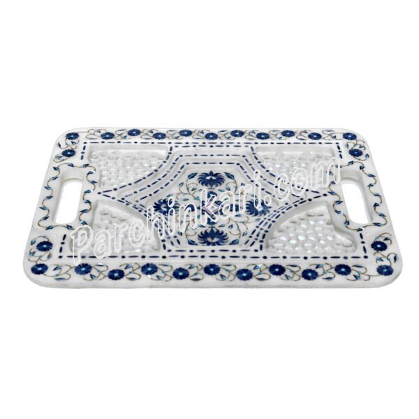 Indian White Marble Tray with Blue Lapis Lazuli Design