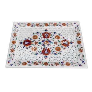 Carnelian Design Serving Tray with Rose Design in White Marble